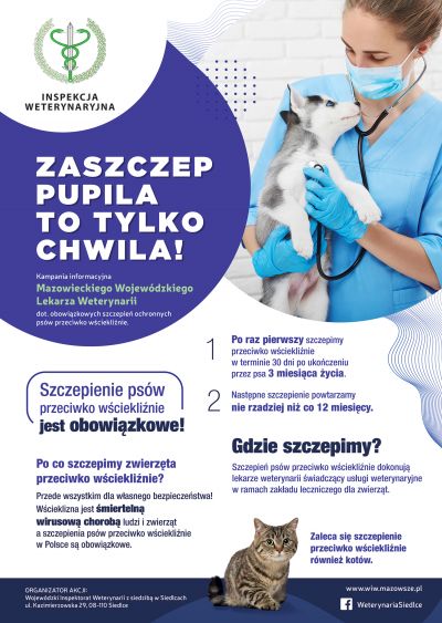 Plakat promujący szczepienia dla zwierząt, logo inspekcji...