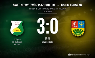 [PIŁKA NOŻNA] Świt Nowy Dwór Mazowiecki – KS CK Troszyn 3:0. Betclic 3. Liga Grupa 1 (Grupa I), 14. kolejka