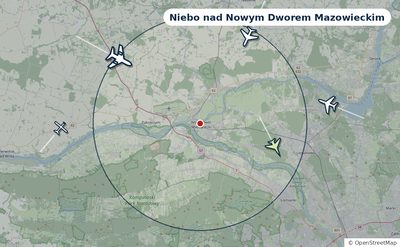 Mapa okolic miasta z sylwetkami samolotów — Niebo nad Nowym Dworem Mazowieckim na żywo