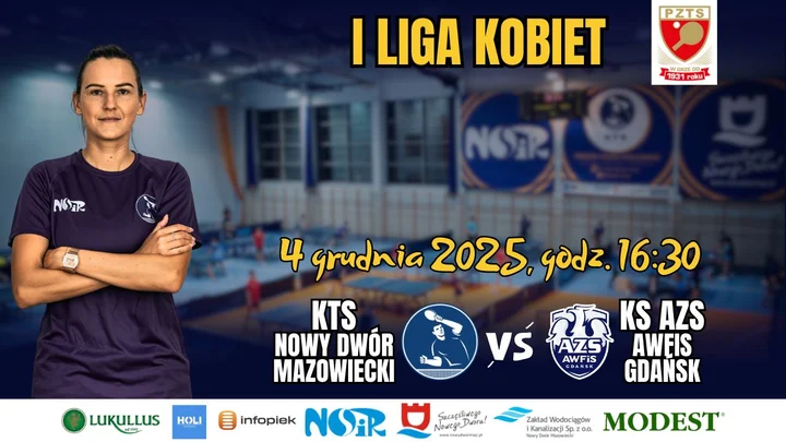 Grafika promocyjna wydarzenia KTS Nowy Dwór Mazowiecki – KS AZS AWFiS Gdańsk (1. liga kobiet)