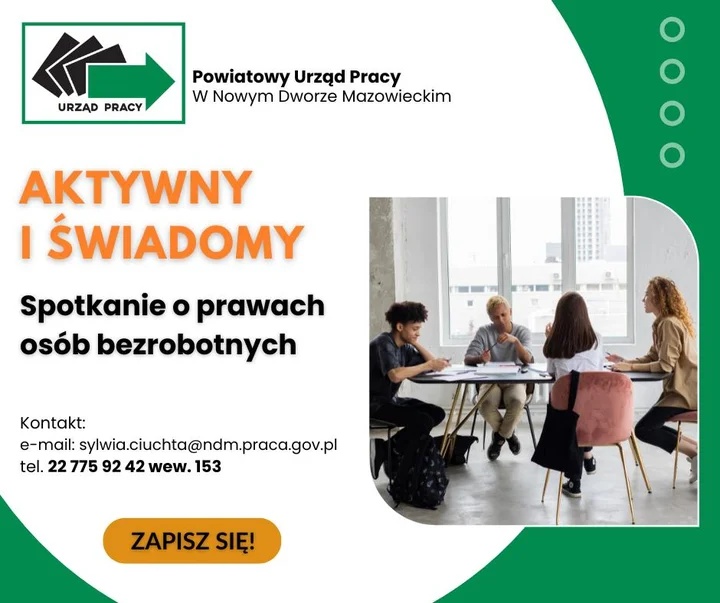 Grafika promocyjna wydarzenia Aktywny i świadomy — spotkanie o prawach osób bezrobotnych