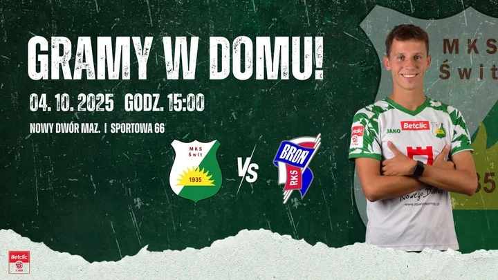 Obrazek przedstawia grafikę promocyjną wydarzenia Mecz Betclic III ligi: Świt Nowy Dwór Mazowiecki kontra Broń Radom