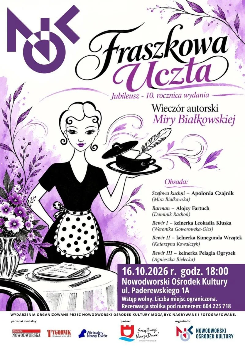 Grafika promocyjna wydarzenia Fraszkowa Uczta – wieczór autorski Miry Białkowskiej