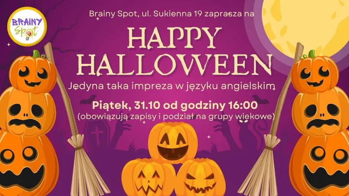 Grafika promocyjna wydarzenia Happy Halloween Party w Brainy Spot — warsztaty i zabawy dla dzieci, 31 października 2025