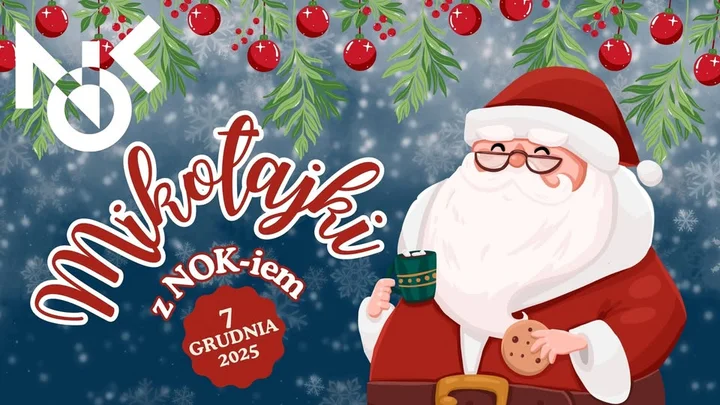 Grafika promocyjna wydarzenia Mikołajki z NOK‑iem w Nowym Dworze Mazowieckim