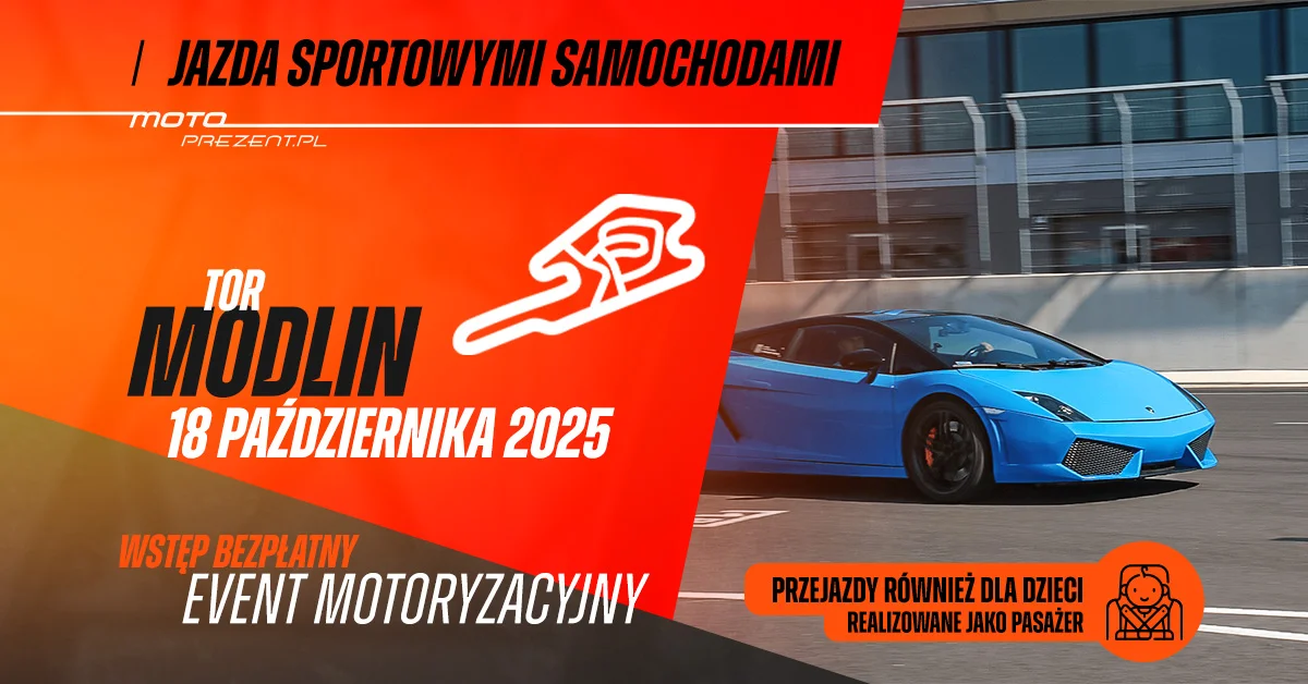 Grafika promocyjna wydarzenia Motoryzacyjne atrakcje na torze Modlin z możliwością jazdy supersamochodami