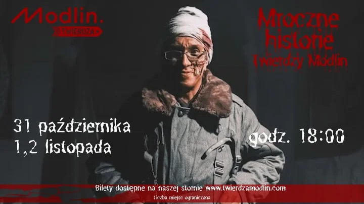 Obrazek przedstawia grafikę promocyjną wydarzenia Nocne zwiedzanie Twierdzy Modlin — patrol mrocznych historii