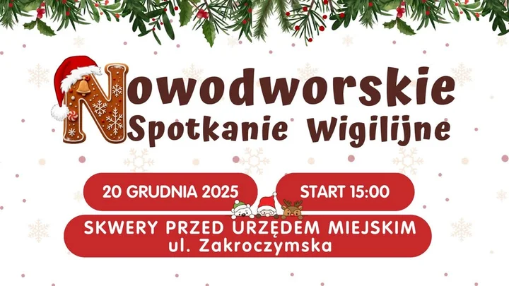 Grafika promocyjna wydarzenia Nowodworskie Spotkanie Wigilijne — świąteczne popołudnie na skwerach przed Urzędem Miejskim