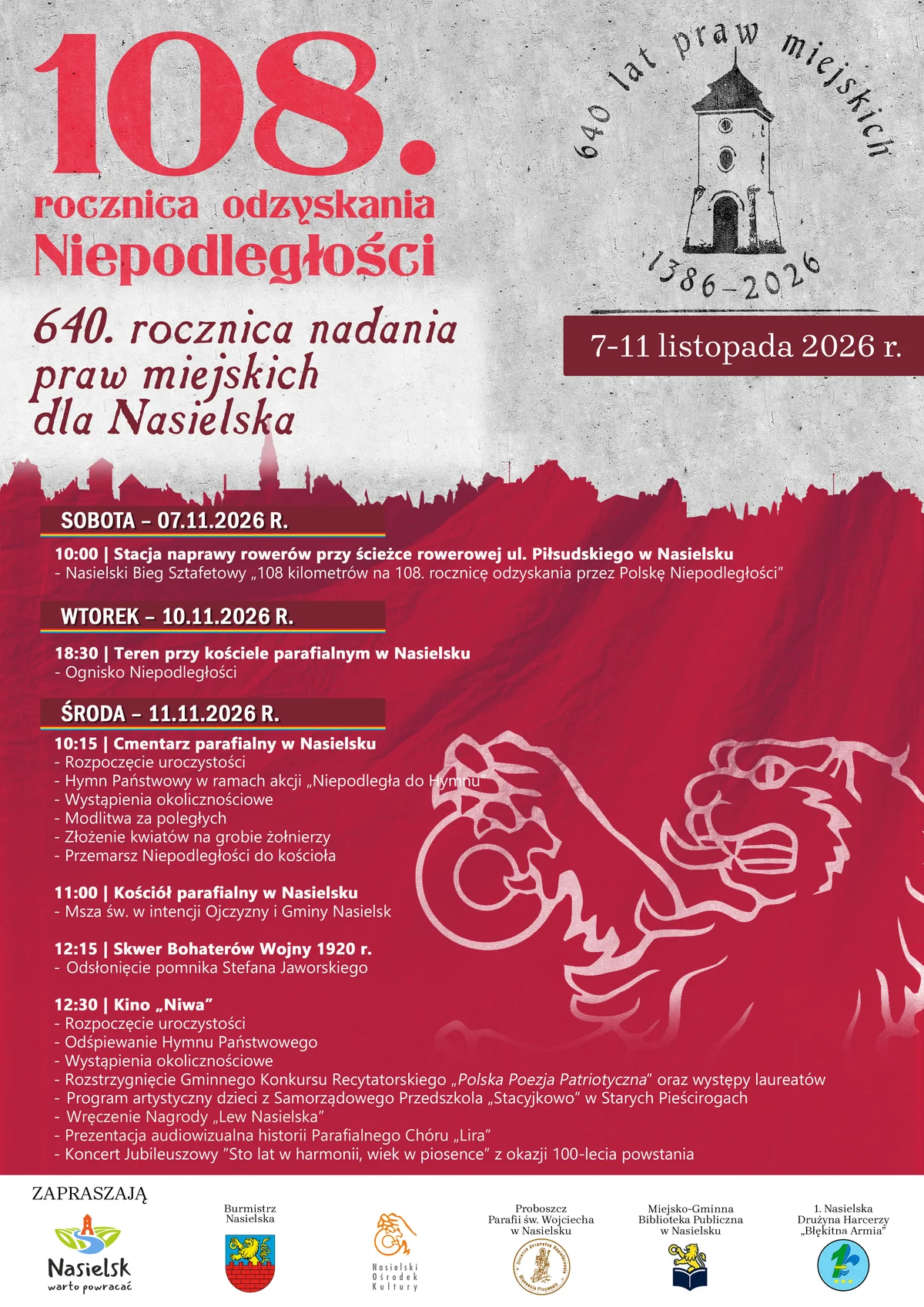 Grafika promocyjna wydarzenia 640-lecie praw miejskich Nasielska i Święto Niepodległości
