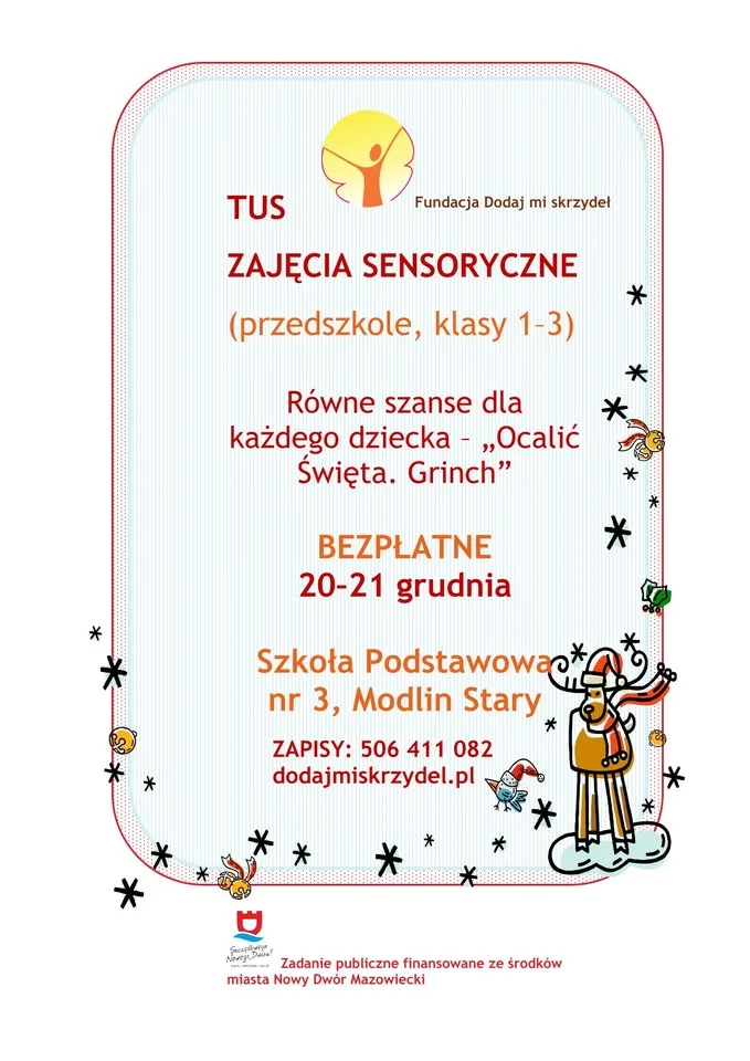 Grafika promocyjna wydarzenia Ocalić Święta. Grinch — bezpłatne zajęcia TUS i kreatywno-sensoryczne w SP3