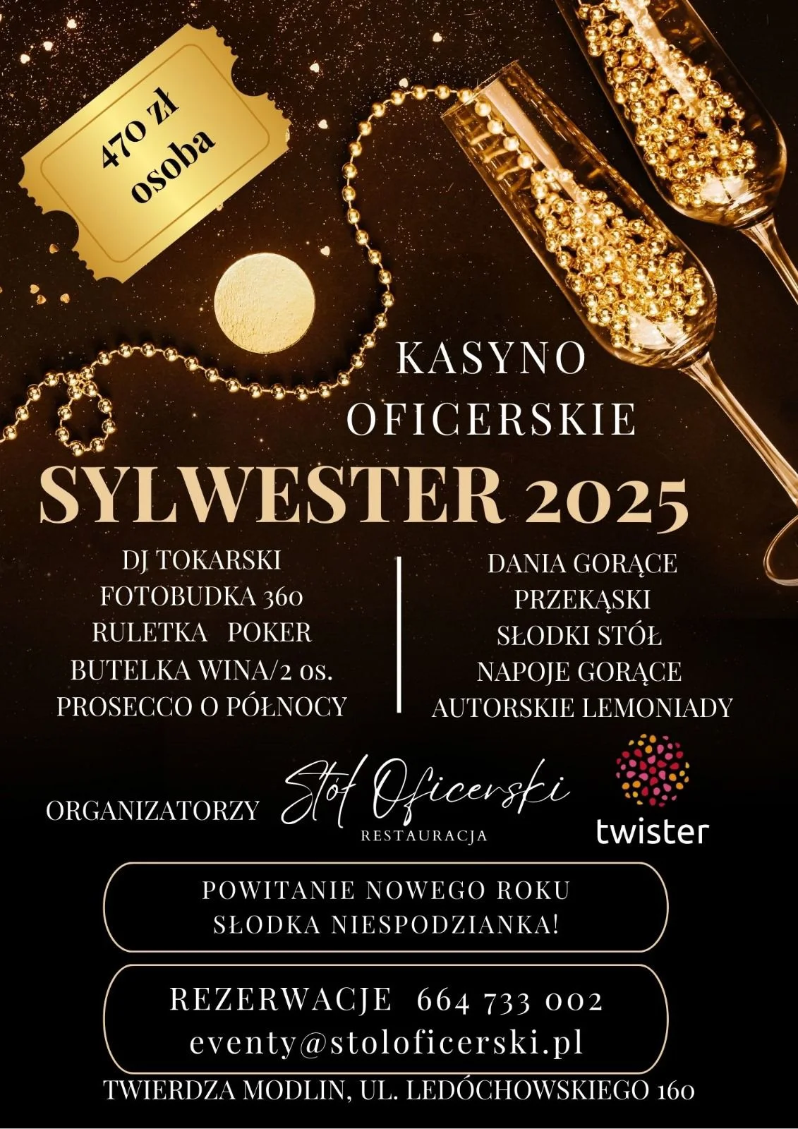 Grafika promocyjna wydarzenia Sylwester w Kasynie Oficerskim Twierdzy Modlin — 31 grudnia 2025