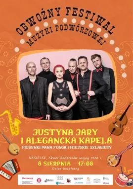 Grafika promocyjna wydarzenia Obwoźny Festiwal Muzyki Podwórzowej – koncert Justyny Jary i Aleganckiej Kapeli