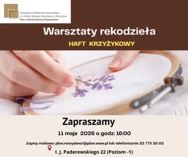 Grafika promocyjna wydarzenia Warsztaty rękodzielnicze – haft krzyżykowy w Nowym Dworze Mazowieckim