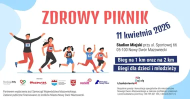 Grafika promocyjna wydarzenia ZDROWY PIKNIK — rodzinne biegi i profilaktyka na Stadionie Miejskim