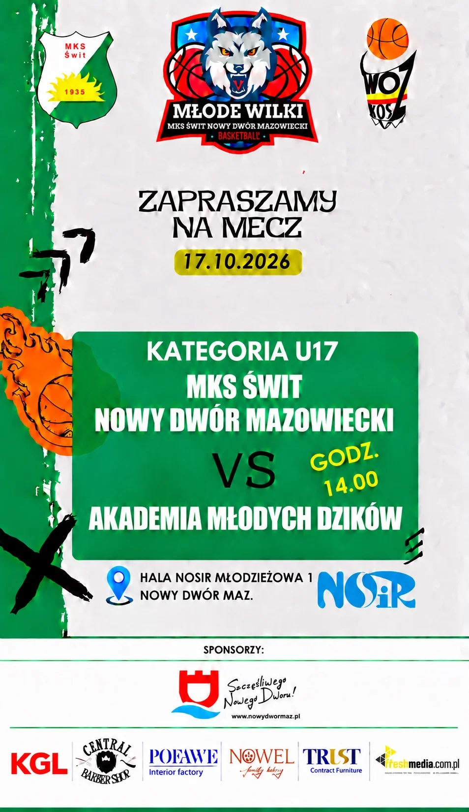 Grafika promocyjna wydarzenia U17 Świt - Dziki Warszawa: mecz koszykówki
