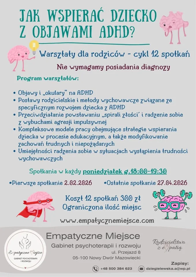 Grafika promocyjna wydarzenia Warsztaty wspierające rodziców dzieci z objawami ADHD — jak lepiej rozumieć i wspierać