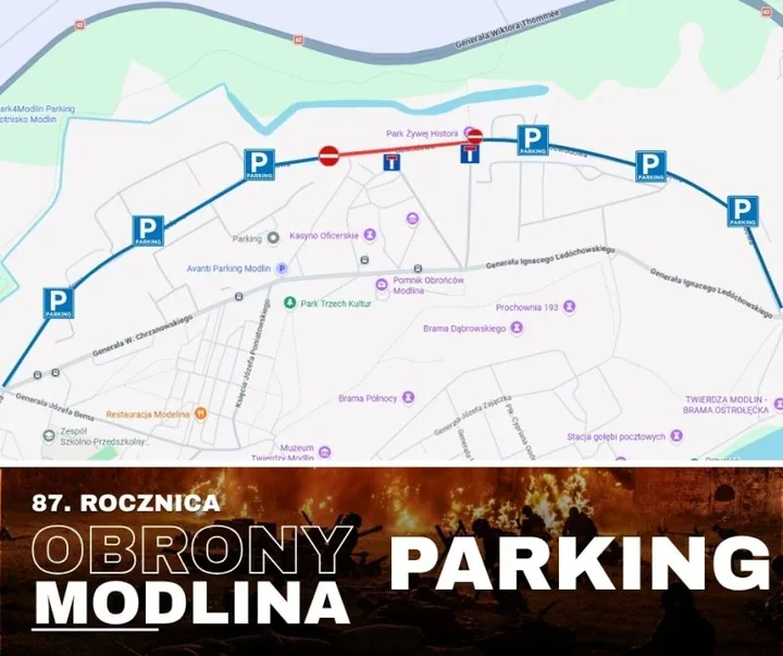 Obrona Modlina z ograniczeniami. Parkingi wyznaczono przy twierdzy
