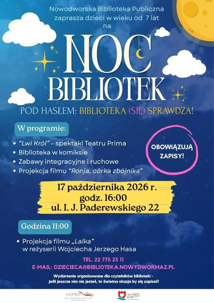 Noc Bibliotek w Nowym Dworze Mazowieckim. Dwa filmy i spektakl dla dzieci