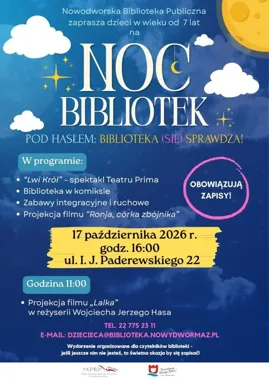 Noc Bibliotek w Nowym Dworze Mazowieckim. Dwa filmy i spektakl dla dzieci