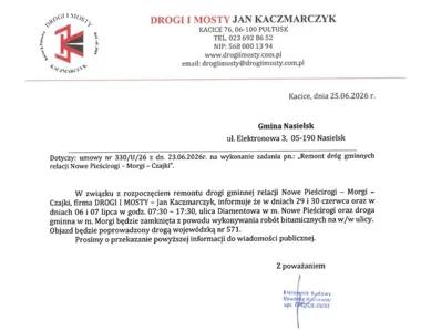 Remont odcina ruch na trasie Nowe Pieścirogi – Morgi – Czajki