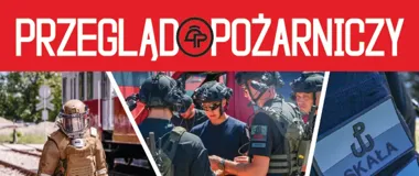 Baner magazynu branżowego z trzema zdjęciami: strażak w hełmie przy torach, grupa funkcjonariuszy taktycznych przy czerwonym pojeździe oraz fragment oznakowania